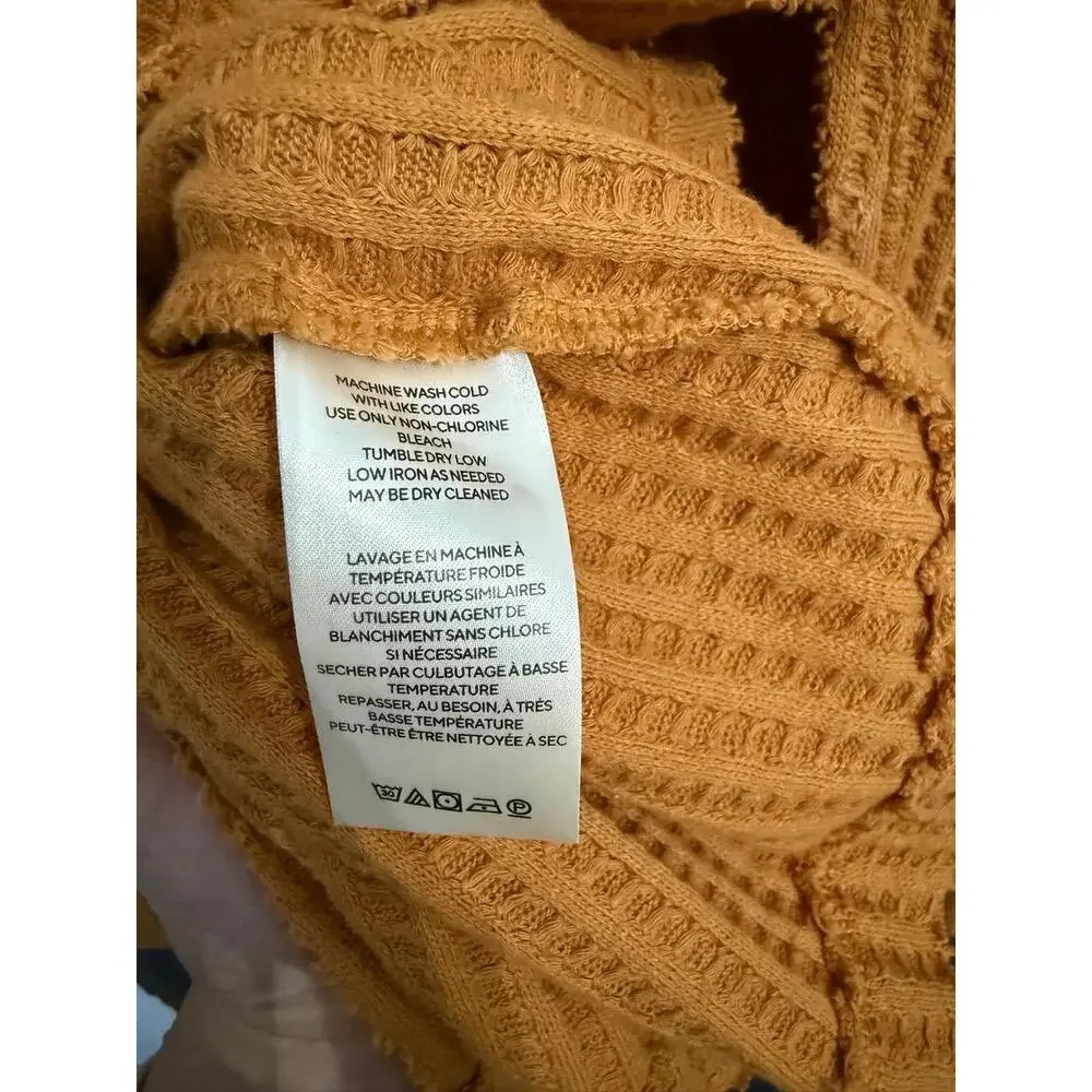 Free People  Top Womens Medium Mustard Yellow Waffle Knit Raw Hem Cowl Neck Cozy - Picture 8 of 11